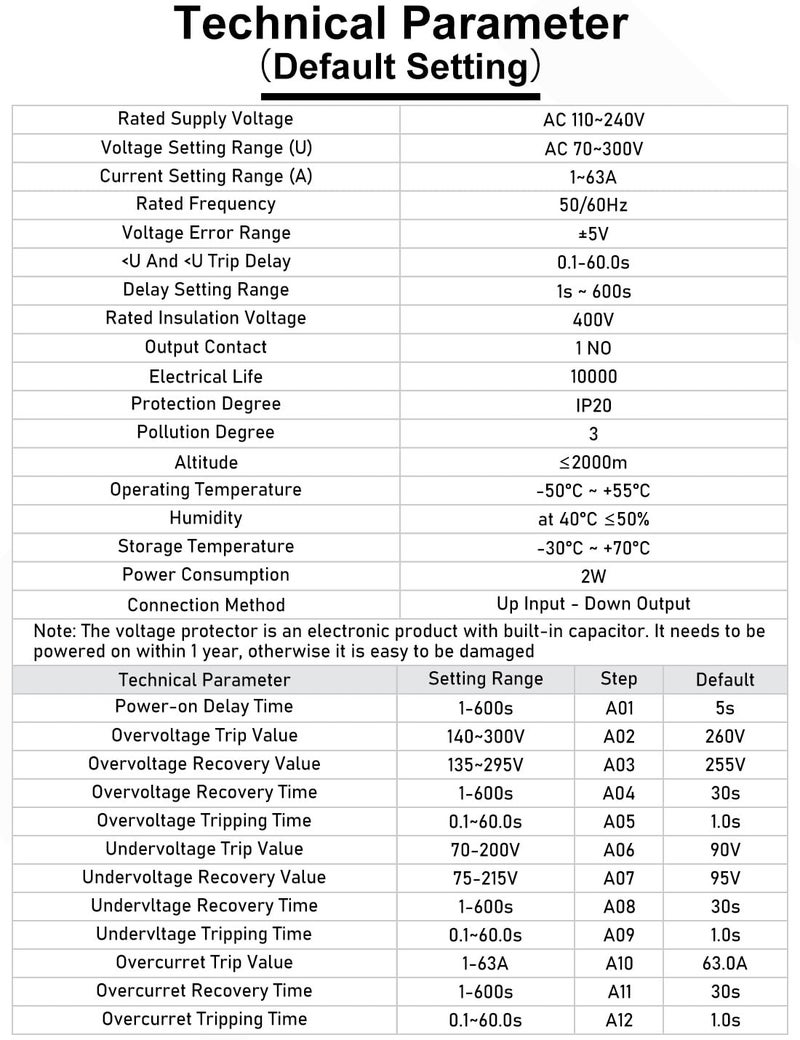 DIHOOL Adjustable Voltage Protector 110V 220V, Low/High Voltage Cutoff and Overcurrent Protection, 70-200V Undervoltage, 140-300V Overvoltage, 1-63A Smart Circuit Breaker AC Disconnect, DIN Rail Mount - Image 4